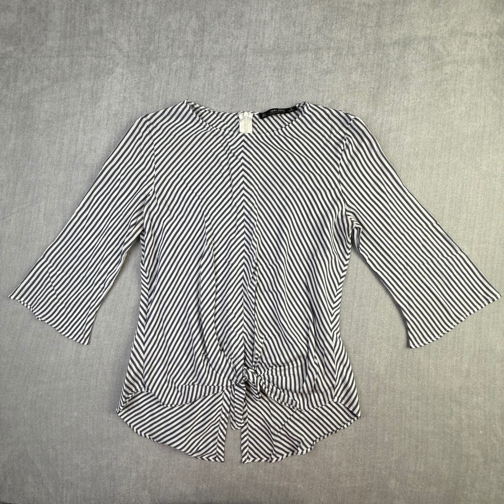 Zara Basic Striped Knot Front Blouse Navy White 3/4 Bell Sleeve Top Size Medium